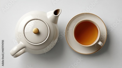 Teapot and Tea Cup on Saucer, Overhead View