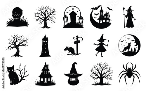 Collection of spooky halloween silhouettes for dark themed designs