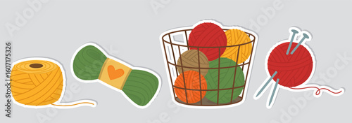 Sticker set with cozy elements for knitting. Cute colorfull skeins, clews, basket with yarn and needles isolated on gray background