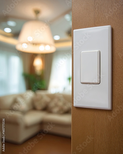 White light switch on a wooden wall. Shallow depth of field with a blurred living room sofa and warm lamps in the background. Calm control and comfort at home. Ideal for smart home, renovation