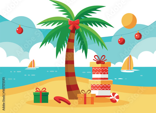 Tropical christmas beach scene with gifts and palm tree