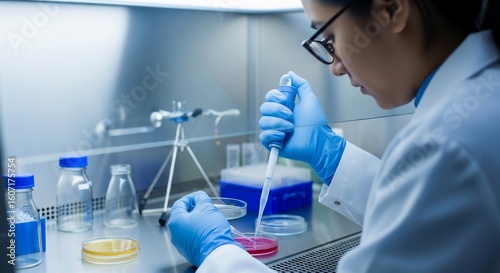 Scientist in Lab Using Pipette Working on Experiment.