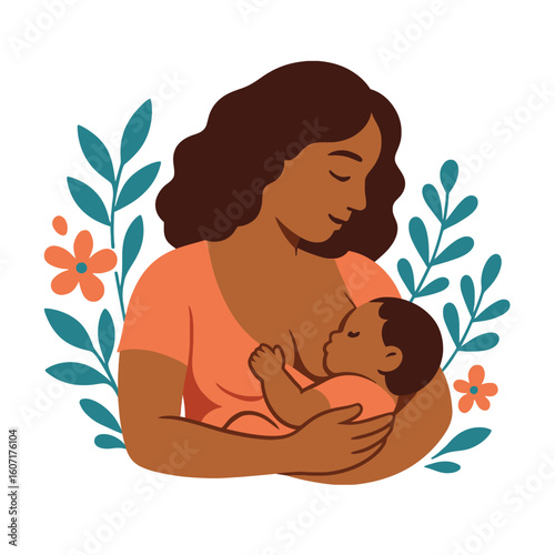 Mother breastfeeding baby with floral background illustration