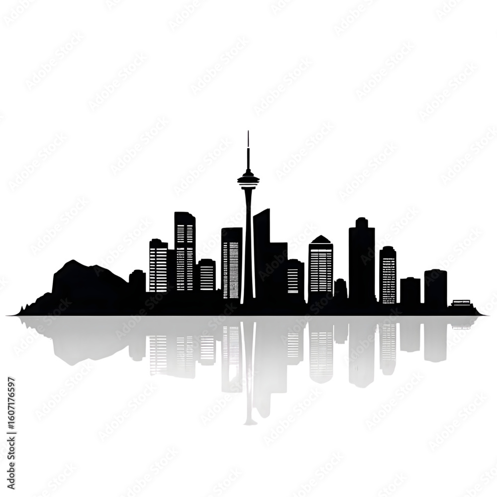 Fototapeta premium City Skyline at Night, Reflected in Still Water Below isolated on transparent background Generative AI.