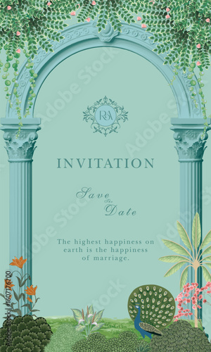 Traditional Indian Mughal wedding invitation card design. Wedding invitation card template design.