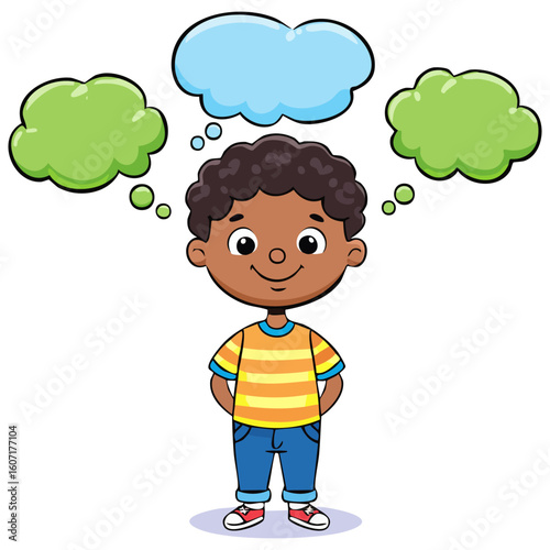 Cartoon boy with several blank thought bubbles with room for text 