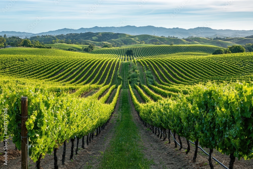 Fototapeta premium Expansive vineyard rows stretch towards distant hills under a serene sky