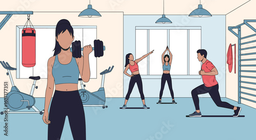 Energetic fitness studio atmosphere with diverse people engaging in different workout routines together