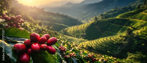 Scenic Coffee Plantation Landscape in Mountainous Region with Sun Glow, Bright morning shines over