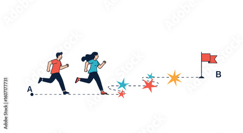 Two people race towards a distant goal with colorful stars marking their progress