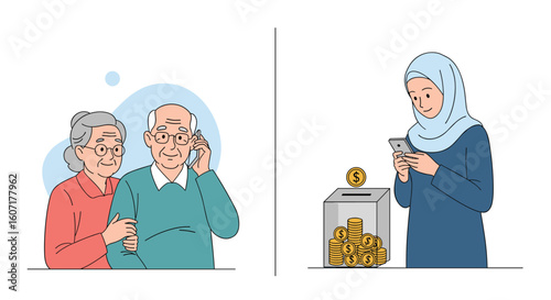 Elderly couple communication and younger woman with mobile phone and donation box money collection