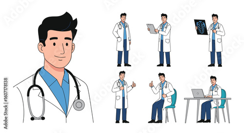 Collection of doctor illustrations demonstrating various medical actions and poses for healthcare representation