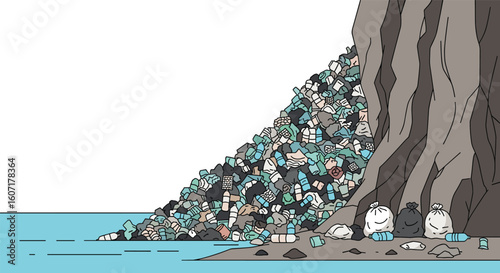 A vast collection of adorable characters descending a rocky slope towards the ocean shore