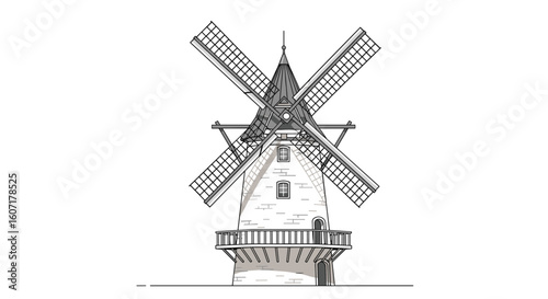 Detailed illustration of a historic stone windmill with large sails against a white background