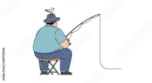A chubby man with a hat and a bird on his head enjoys fishing on a stool