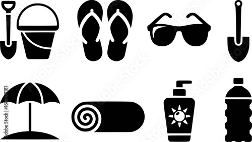 Beach vacation essentials including bucket shovel flip flops sunglasses umbrella rolled towel sunscreen and water bottle
