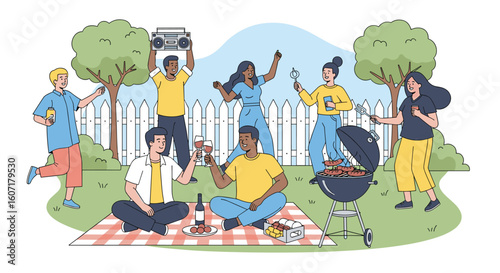 Enjoying a lively summer picnic gathering with friends dancing and grilling outdoors together having a wonderful time
