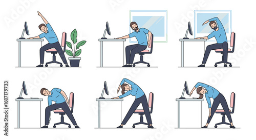 Office worker performs seated stretches to improve flexibility and reduce strain during a workday