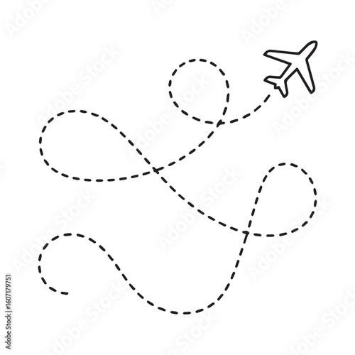 Airplane Line Path Icons – Dotted Flight Routes, Curved Travel Lines, and Takeoff to Landing Symbols