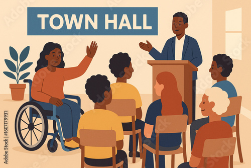 Woman in Wheelchair Raising Hand at Town Hall Meeting