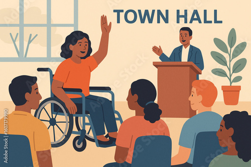 Woman in Wheelchair Raising Hand at Town Hall Meeting
