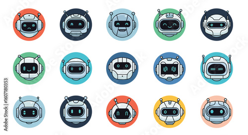 A collection of diverse pixel art robot avatars showing various emotions and expressions for digital projects