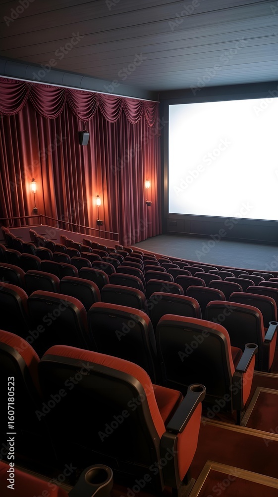 Fototapeta premium Empty movie theater auditorium with red seats and a blank screen