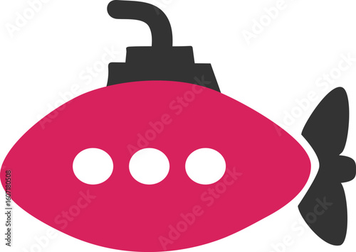 Playful and colorful vector illustration of a pink submarine with portholes, designed in a cute and simple style. Perfect for children’s educational materials, underwater adventure projects, toy store