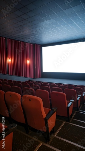 Empty movie theater auditorium with red seats and a blank screen