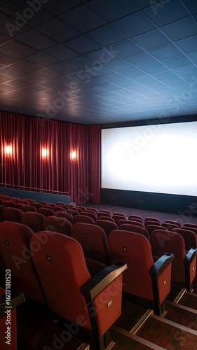 Empty movie theater auditorium with red seats and a blank screen