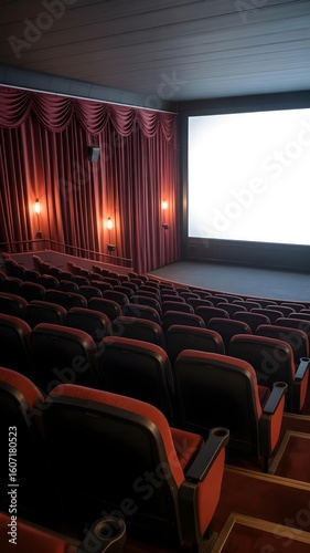 Empty movie theater auditorium with red seats and a blank screen