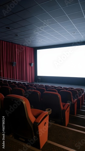 Empty movie theater auditorium with red seats and a blank screen