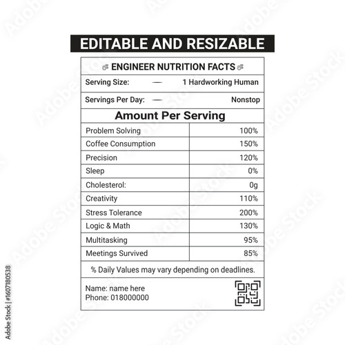 Engineer nutrition facts with 100% editable file for print in tshirt or others print able thinks to gift engineers as a fun	
