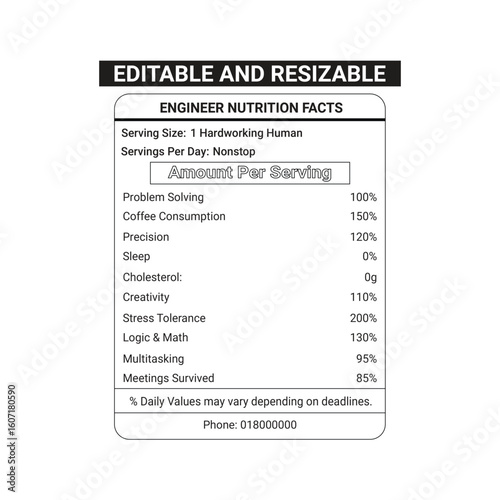 Engineer nutrition facts with 100% editable file for print in tshirt or others print able thinks to gift engineers as a fun	
