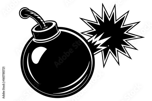 Explosive silhouette of a classic bomb with a fuse igniting a fiery burst