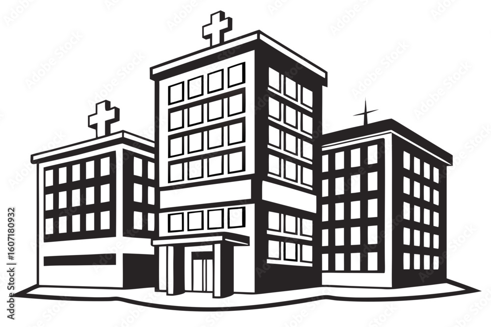 Fototapeta premium Stylized graphic of three medical buildings with crosses isolated on transparent background