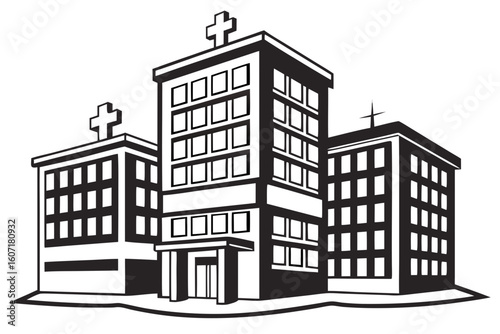Stylized graphic of three medical buildings with crosses isolated on transparent background