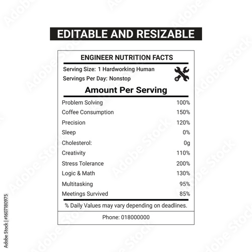 Engineer nutrition facts with 100% editable file for print in tshirt or others print able thinks to gift engineers as a fun	
