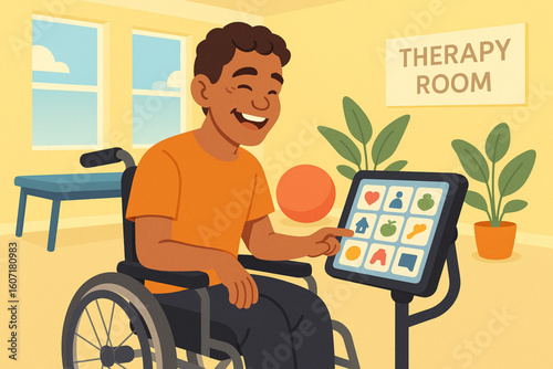 Young Man with Cerebral Palsy Using Communication Device
