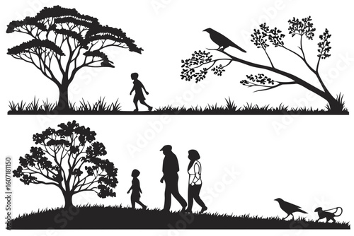 A Peaceful Evening Walk with Family and Nature Under the Setting Sun in a Serene Park Landscape