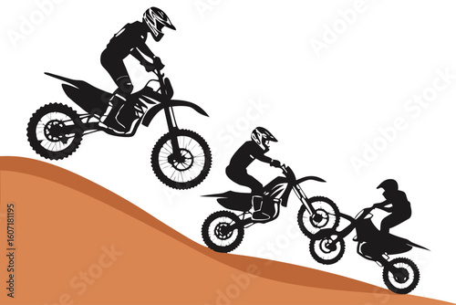 Motocross riders performing stunts on a dirt track isolated on transparent background