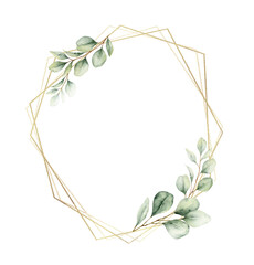 Watercolor floral frame with green eucalyptus leaves and golden geometric shape. Greenery clipart for wedding invitation, greeting cards, save the date, stationery design.  Hand drawn illustration.