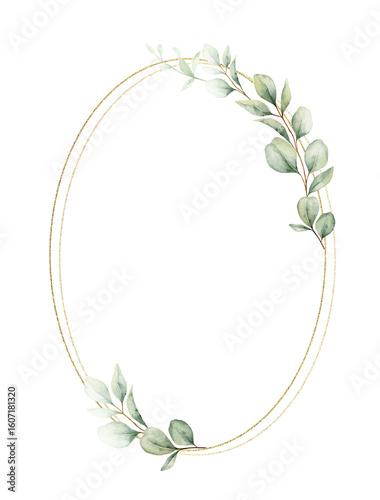 Watercolor floral frame with green eucalyptus leaves and golden geometric sha...