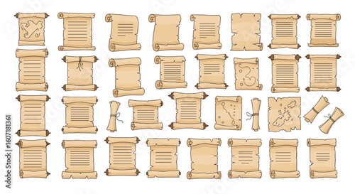 Ancient parchment scrolls collection vintage paper rolls for historical document presentation and storytelling