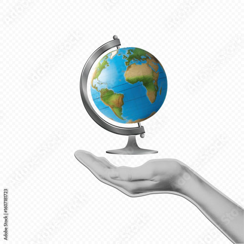 Halftone collage element with realistic globe and monochrome hand on transparent background for geography, education, and design use