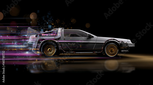 Futuristic Black Sports Car with Gold Wheels Moving at Night with Glowing Light Trails