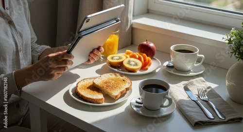 Woman breakfasting with tablet