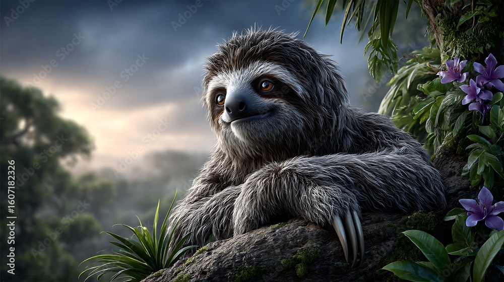 Fototapeta premium A peaceful jungle canopy scene with a sloth resting on a high branch, surrounded by dense leaves, vibrant flowers, and a few parrots flying across the sunlit sky.