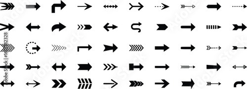 50 Arrow icon set. Large collection of black directional symbols. Various styles including pointers, dashed, curved, and chevron arrows for navigation and user interface design.
