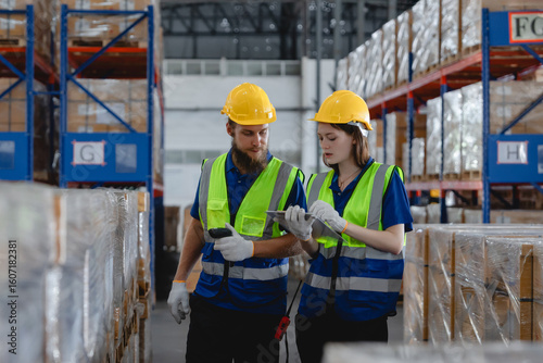 Industrial workers checking inventory in auto parts warehouse using digital devices, emphasizing logistics and supply management, Warehouse scanning and tracking system

